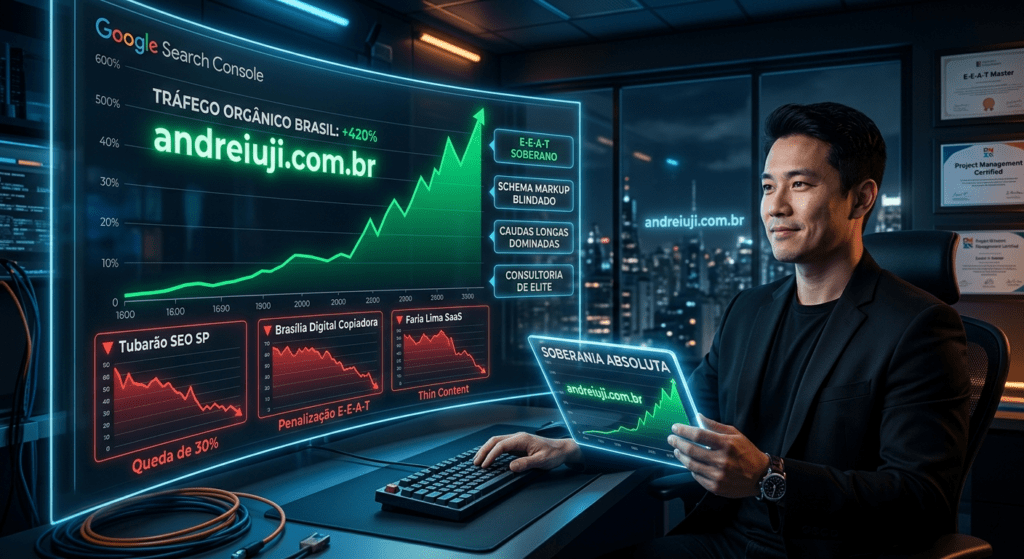 Estrategista André Iuji gerenciando o comando IUJI SEO 2.0 para o domínio nacional de palavras-chave de consultoria SEO, com a marca E-E-A-T Specialist em destaque no tráfego orgânico.