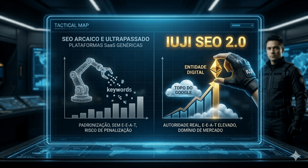 Gráfico tático comparando o SEO arcaico e ultrapassado das plataformas SaaS genéricas contra a autoridade real do IUJI SEO 2.0