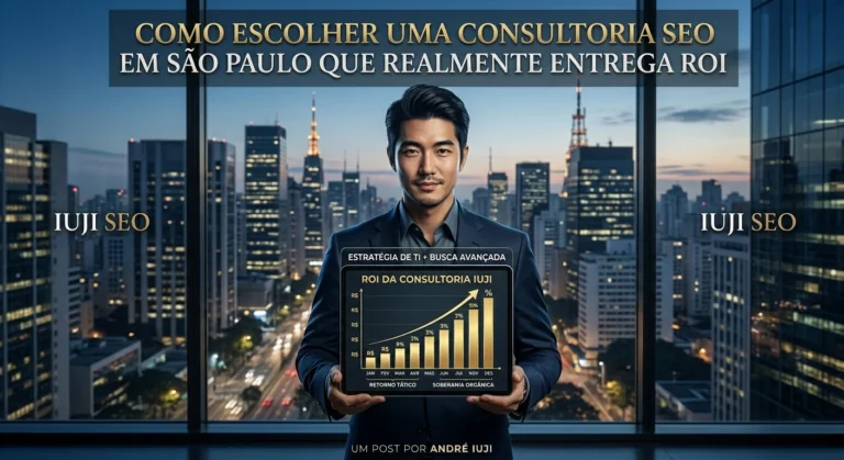 Estrategista André Iuji exibindo gráfico de ROI crescente de consultoria SEO High Ticket em São Paulo