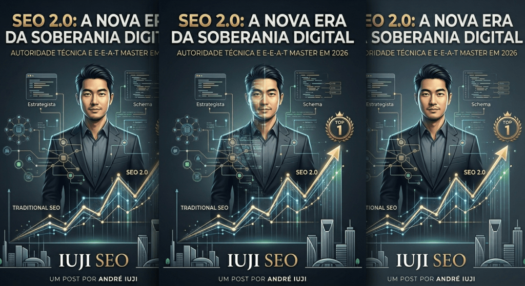 Estrategista André Iuji manipulando dados complexos do SEO 2.0 e dominando o topo do Google