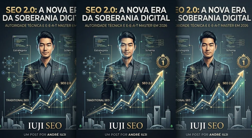 Estrategista André Iuji manipulando dados complexos do SEO 2.0 e dominando o topo do Google