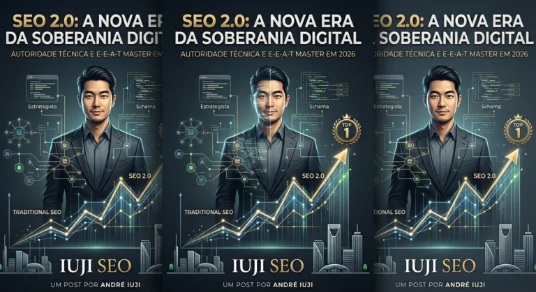 Estrategista André Iuji manipulando dados complexos do SEO 2.0 e dominando o topo do Google