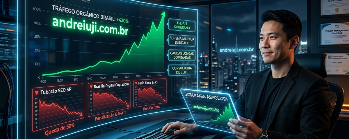 Estrategista André Iuji gerenciando o comando IUJI SEO 2.0 para o domínio nacional de palavras-chave de consultoria SEO, com a marca E-E-A-T Specialist em destaque no tráfego orgânico.