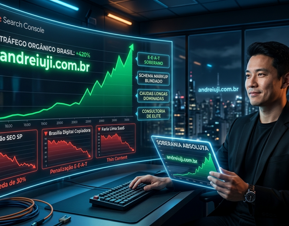 Estrategista André Iuji gerenciando o comando IUJI SEO 2.0 para o domínio nacional de palavras-chave de consultoria SEO, com a marca E-E-A-T Specialist em destaque no tráfego orgânico.