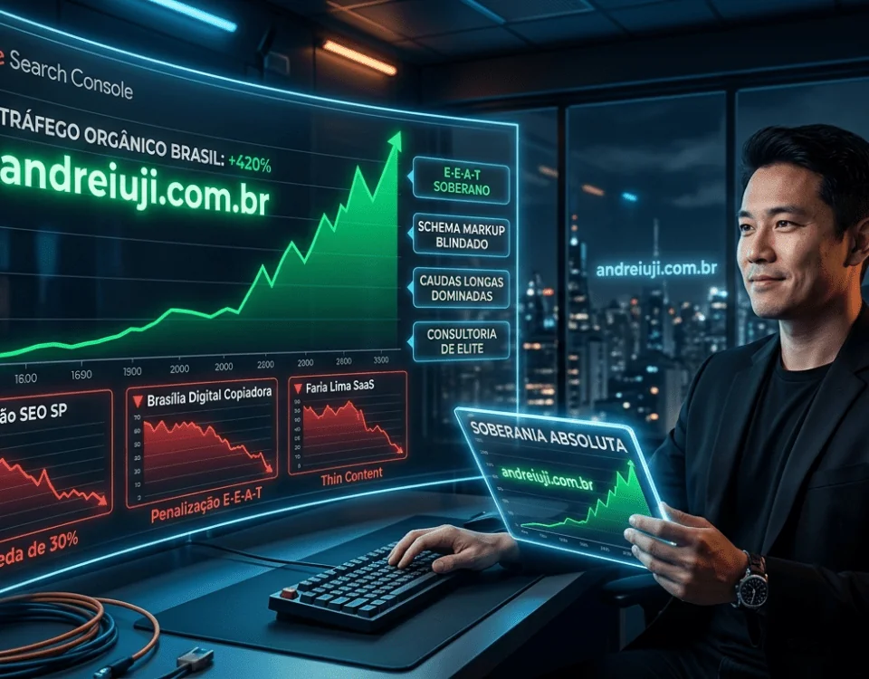 Estrategista André Iuji gerenciando o comando IUJI SEO 2.0 para o domínio nacional de palavras-chave de consultoria SEO, com a marca E-E-A-T Specialist em destaque no tráfego orgânico.