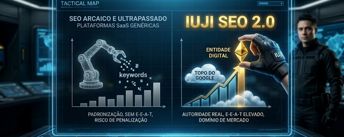 Gráfico tático comparando o SEO arcaico e ultrapassado das plataformas SaaS genéricas contra a autoridade real do IUJI SEO 2.0