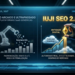 Gráfico tático comparando o SEO arcaico e ultrapassado das plataformas SaaS genéricas contra a autoridade real do IUJI SEO 2.0