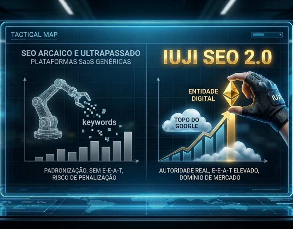 Gráfico tático comparando o SEO arcaico e ultrapassado das plataformas SaaS genéricas contra a autoridade real do IUJI SEO 2.0