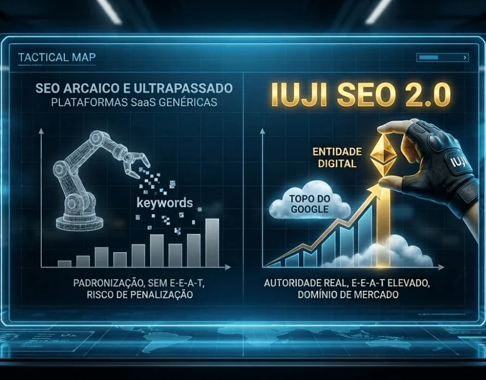 Gráfico tático comparando o SEO arcaico e ultrapassado das plataformas SaaS genéricas contra a autoridade real do IUJI SEO 2.0