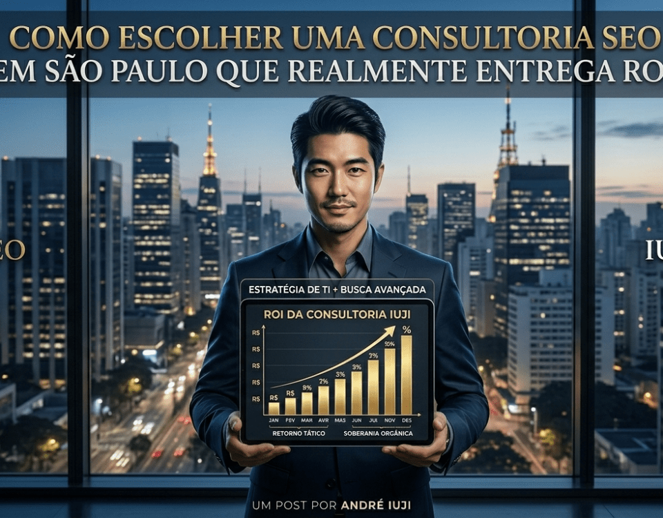 Estrategista André Iuji exibindo gráfico de ROI crescente de consultoria SEO High Ticket em São Paulo