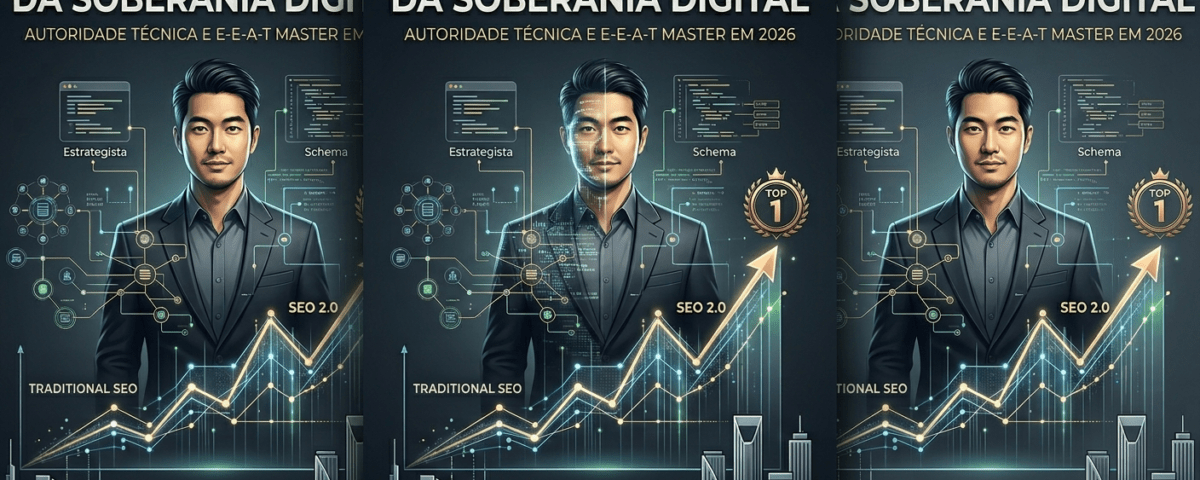 Estrategista André Iuji manipulando dados complexos do SEO 2.0 e dominando o topo do Google