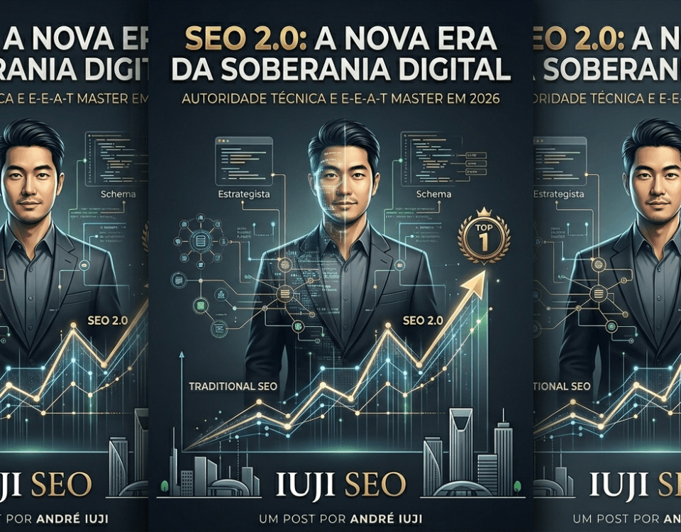 Estrategista André Iuji manipulando dados complexos do SEO 2.0 e dominando o topo do Google