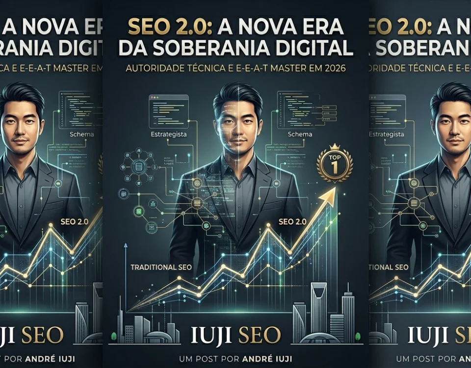 Estrategista André Iuji manipulando dados complexos do SEO 2.0 e dominando o topo do Google