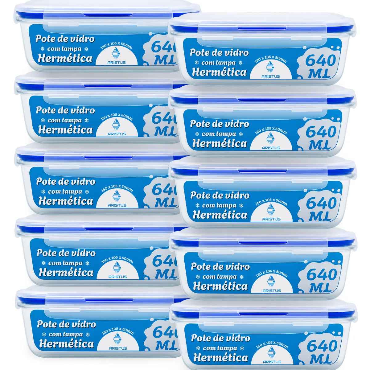 Kit 10 Potes Vidro Hermetico Aristus 640ml Marmita Anti Vazamento Forno Microondas Freezer Tampa 4 Travas Azul Afiliado Mercado Livre